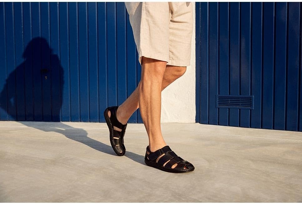 PIKOLINOS Tarifa 06J-5433 Men’s Sandals – Premium Calfskin Leather – Cushioned Insole, Hook & Loop Closure, Lightweight Sole – Spring and Summer Style and Comfort(Black)