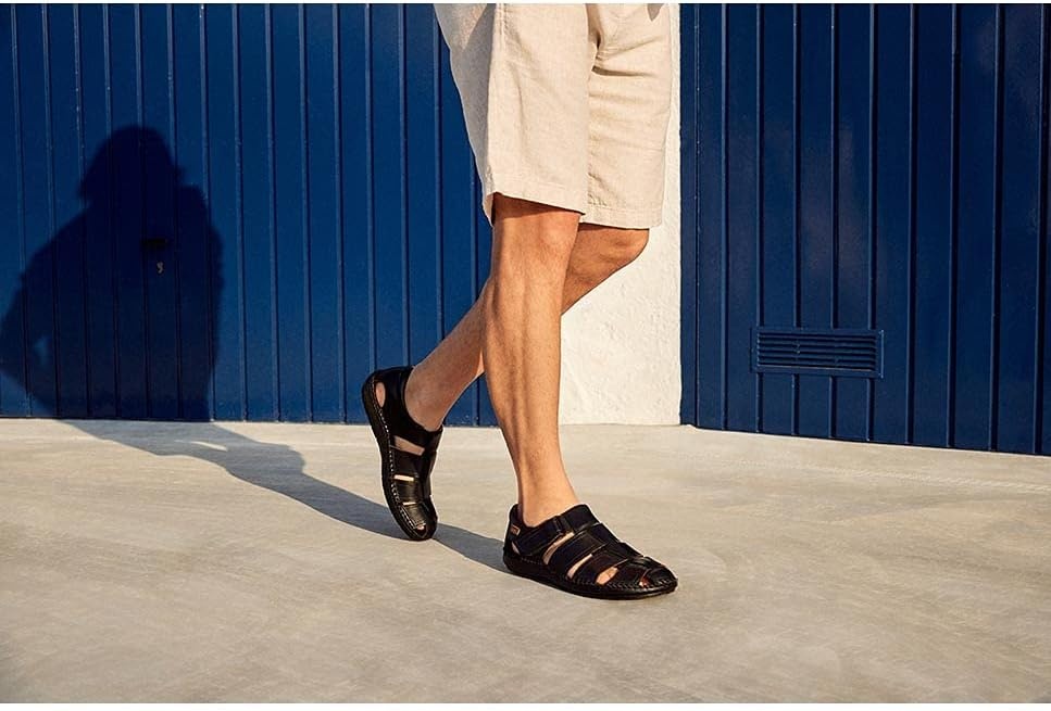 PIKOLINOS Tarifa 06J-5433 Men’s Sandals – Premium Calfskin Leather – Cushioned Insole, Hook & Loop Closure, Lightweight Sole – Spring and Summer Style and Comfort(Black)