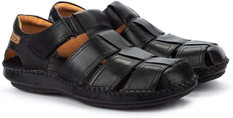 PIKOLINOS Tarifa 06J-5433 Men’s Sandals – Premium Calfskin Leather – Cushioned Insole, Hook & Loop Closure, Lightweight Sole – Spring and Summer Style and Comfort(Black)