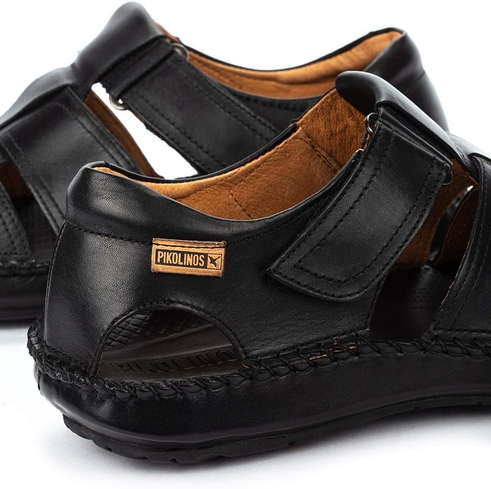 PIKOLINOS Tarifa 06J-5433 Men’s Sandals – Premium Calfskin Leather – Cushioned Insole, Hook & Loop Closure, Lightweight Sole – Spring and Summer Style and Comfort(Black)