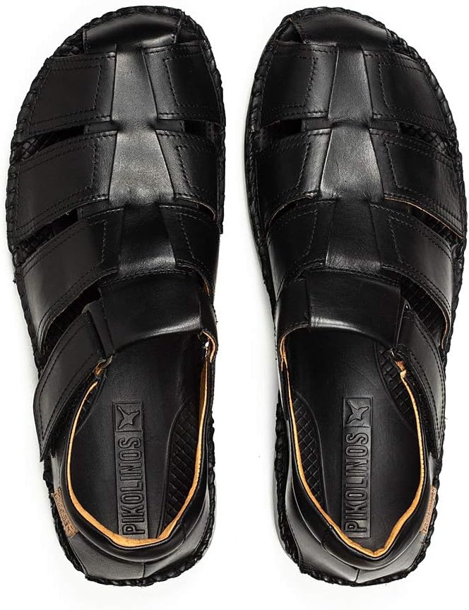 PIKOLINOS Tarifa 06J-5433 Men’s Sandals – Premium Calfskin Leather – Cushioned Insole, Hook & Loop Closure, Lightweight Sole – Spring and Summer Style and Comfort(Black)