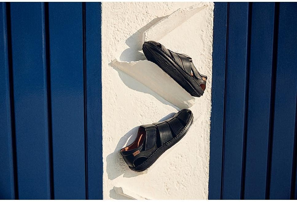 PIKOLINOS Tarifa 06J-5433 Men’s Sandals – Premium Calfskin Leather – Cushioned Insole, Hook & Loop Closure, Lightweight Sole – Spring and Summer Style and Comfort(Black)