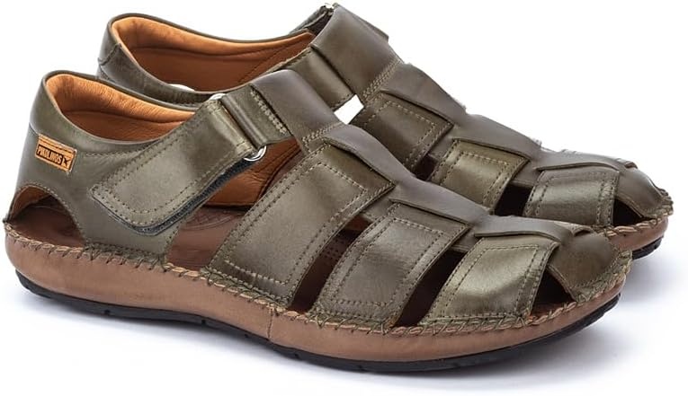 PIKOLINOS Tarifa 06J-5433 Men’s Sandals – Premium Calfskin Leather – Cushioned Insole, Hook & Loop Closure, Lightweight Sole – Spring and Summer Style and Comfort(Green)
