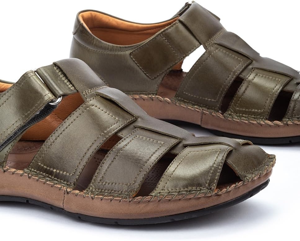 PIKOLINOS Tarifa 06J-5433 Men’s Sandals – Premium Calfskin Leather – Cushioned Insole, Hook & Loop Closure, Lightweight Sole – Spring and Summer Style and Comfort(Green)