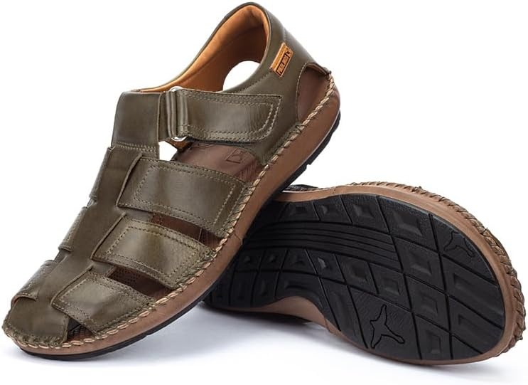 PIKOLINOS Tarifa 06J-5433 Men’s Sandals – Premium Calfskin Leather – Cushioned Insole, Hook & Loop Closure, Lightweight Sole – Spring and Summer Style and Comfort(Green)