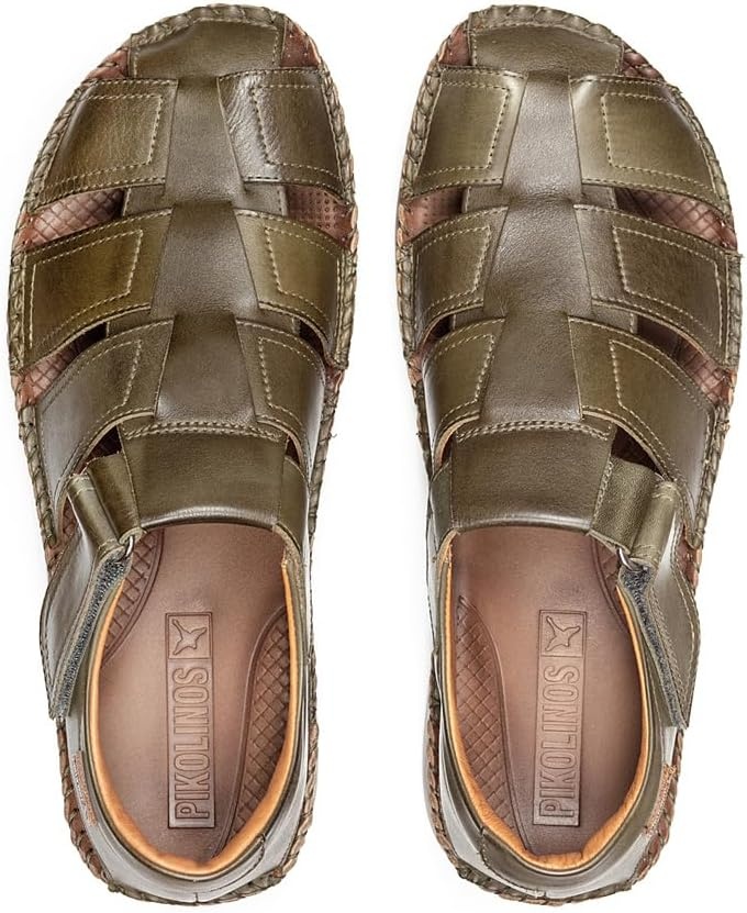PIKOLINOS Tarifa 06J-5433 Men’s Sandals – Premium Calfskin Leather – Cushioned Insole, Hook & Loop Closure, Lightweight Sole – Spring and Summer Style and Comfort(Green)