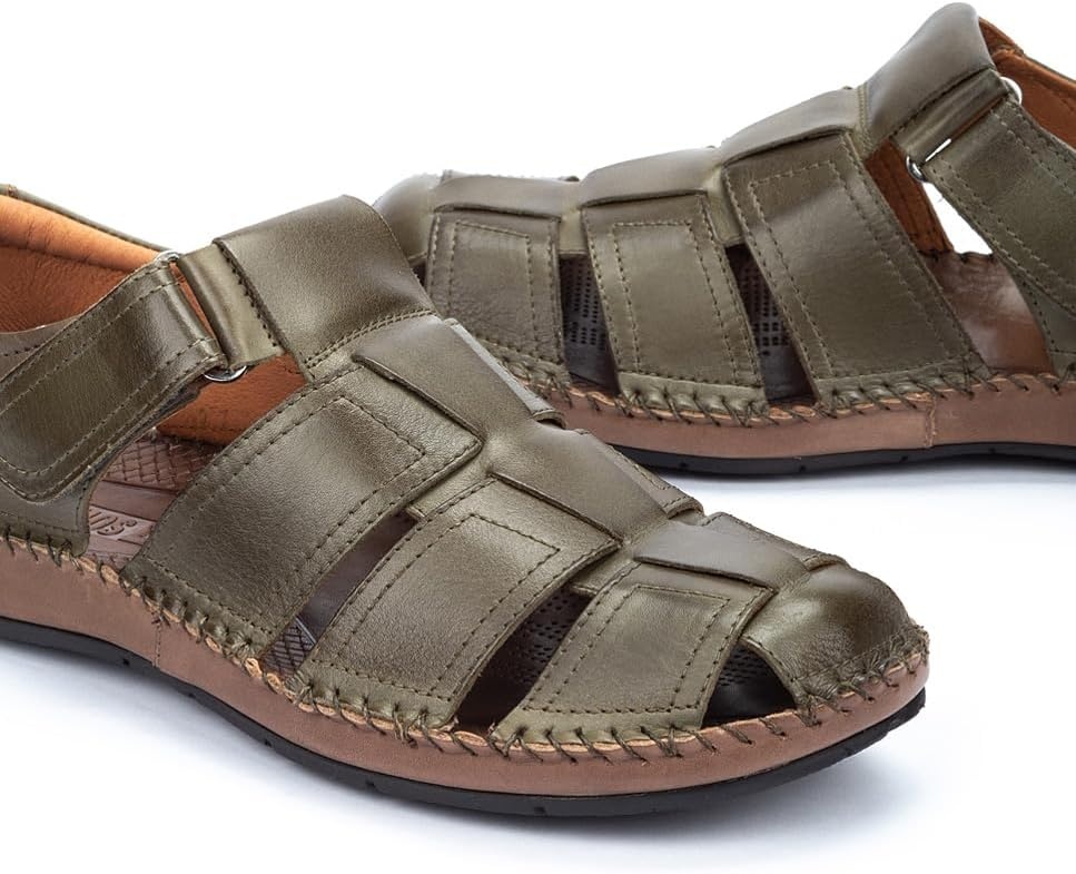 PIKOLINOS Tarifa 06J-5433 Men’s Sandals – Premium Calfskin Leather – Cushioned Insole, Hook & Loop Closure, Lightweight Sole – Spring and Summer Style and Comfort(Green)