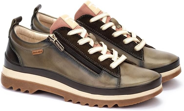 PIKOLINOS VIGO W3W-6979 Women’s Casual Shoes – Premium 100% Calfskin Leather – Memory Foam Insole, Lace & Zip Closure, Non-Slip Sole, Lightweight Comfort(Sage)