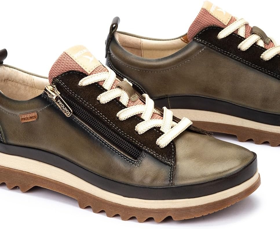 PIKOLINOS VIGO W3W-6979 Women’s Casual Shoes – Premium 100% Calfskin Leather – Memory Foam Insole, Lace & Zip Closure, Non-Slip Sole, Lightweight Comfort(Sage)