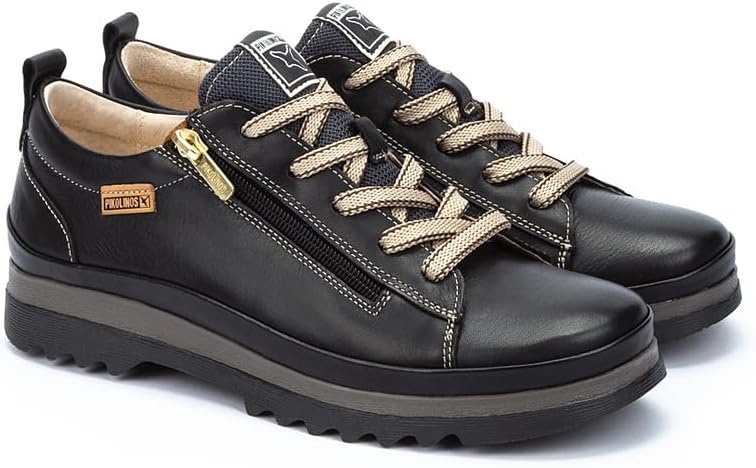 PIKOLINOS VIGO W3W-6979 Women’s Casual Shoes – Premium 100% Calfskin Leather – Memory Foam Insole, Lace & Zip Closure, Non-Slip Sole, Lightweight Comfort(Black)