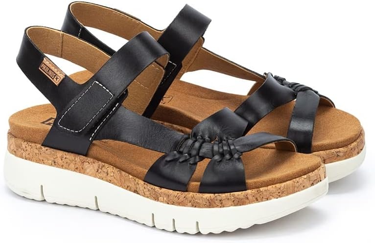 PIKOLINOS Palma W4N-0968 Women’s Sandals – Stylish Premium Leather Wedge Sandals – Cushioned Insole, Hook & Loop Closure, Ultra-Light Sole for Everdat Walking(Black)