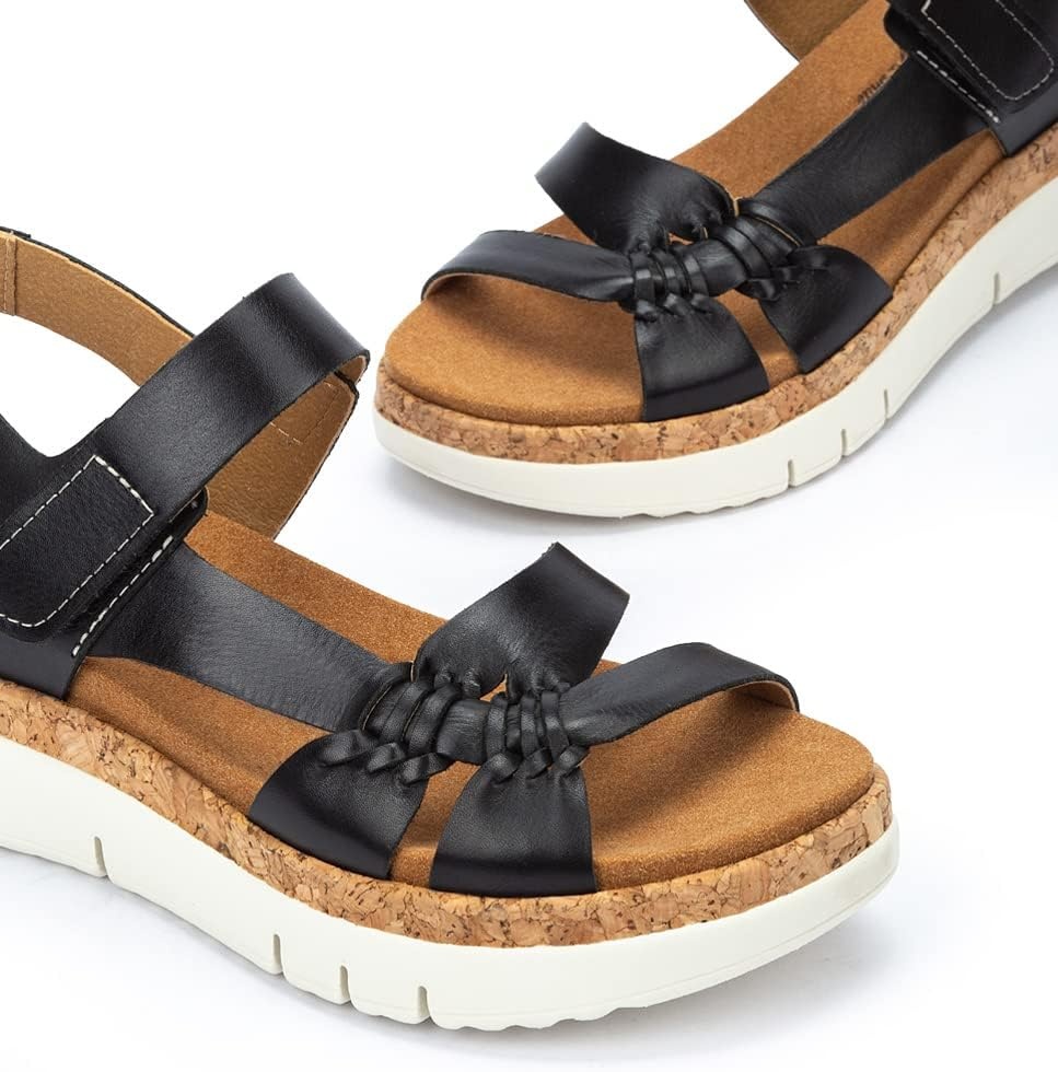PIKOLINOS Palma W4N-0968 Women’s Sandals – Stylish Premium Leather Wedge Sandals – Cushioned Insole, Hook & Loop Closure, Ultra-Light Sole for Everdat Walking(Black)